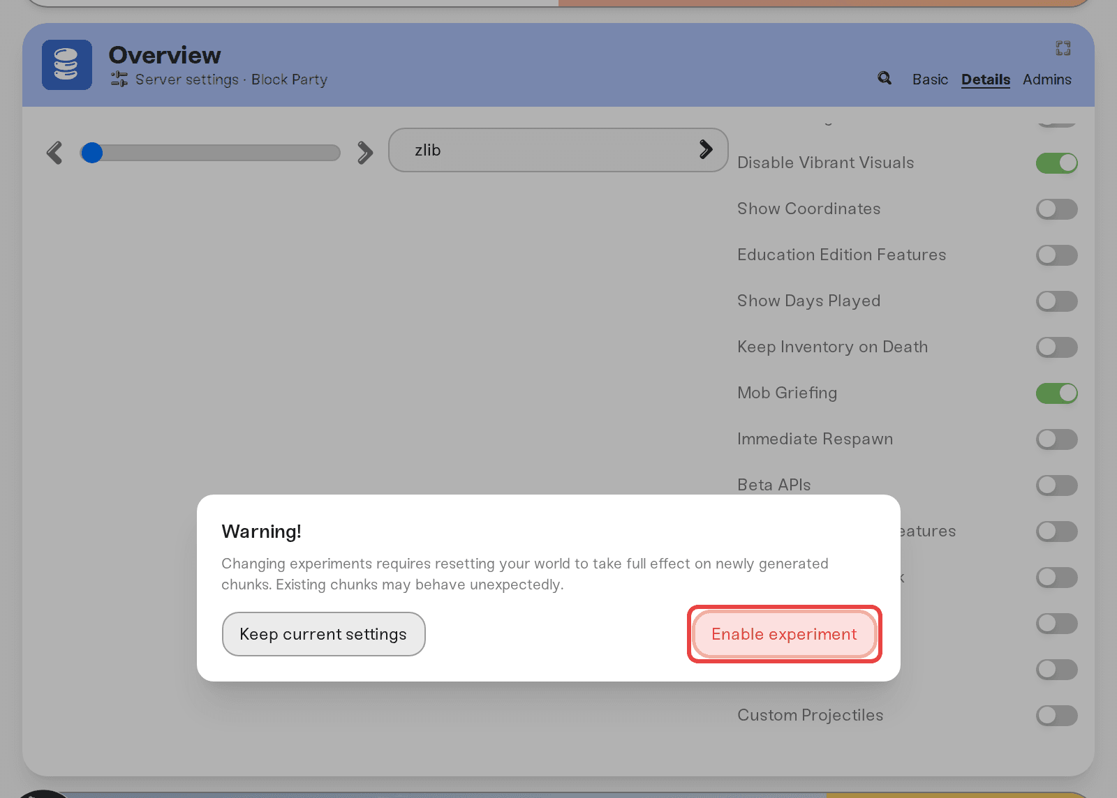 The Beta APIs checkbox in Details with its warning dialog open The Beta APIs checkbox in Details with its warning dialog open