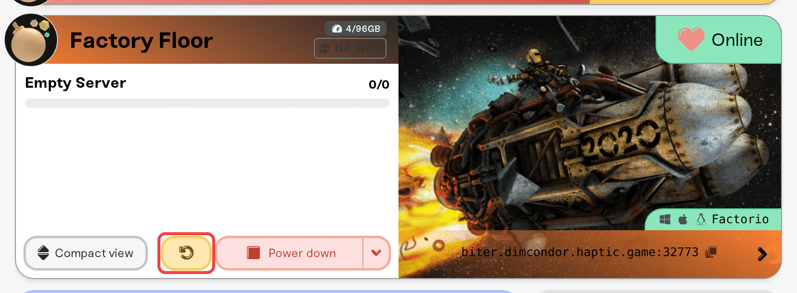 The Restart control on a Factorio server card The Restart control on a Factorio server card