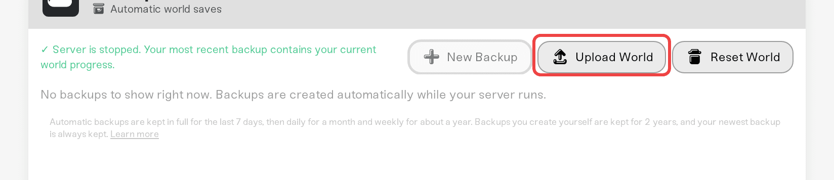 Upload World button in the Backups card of a Windrose server Upload World button in the Backups card of a Windrose server