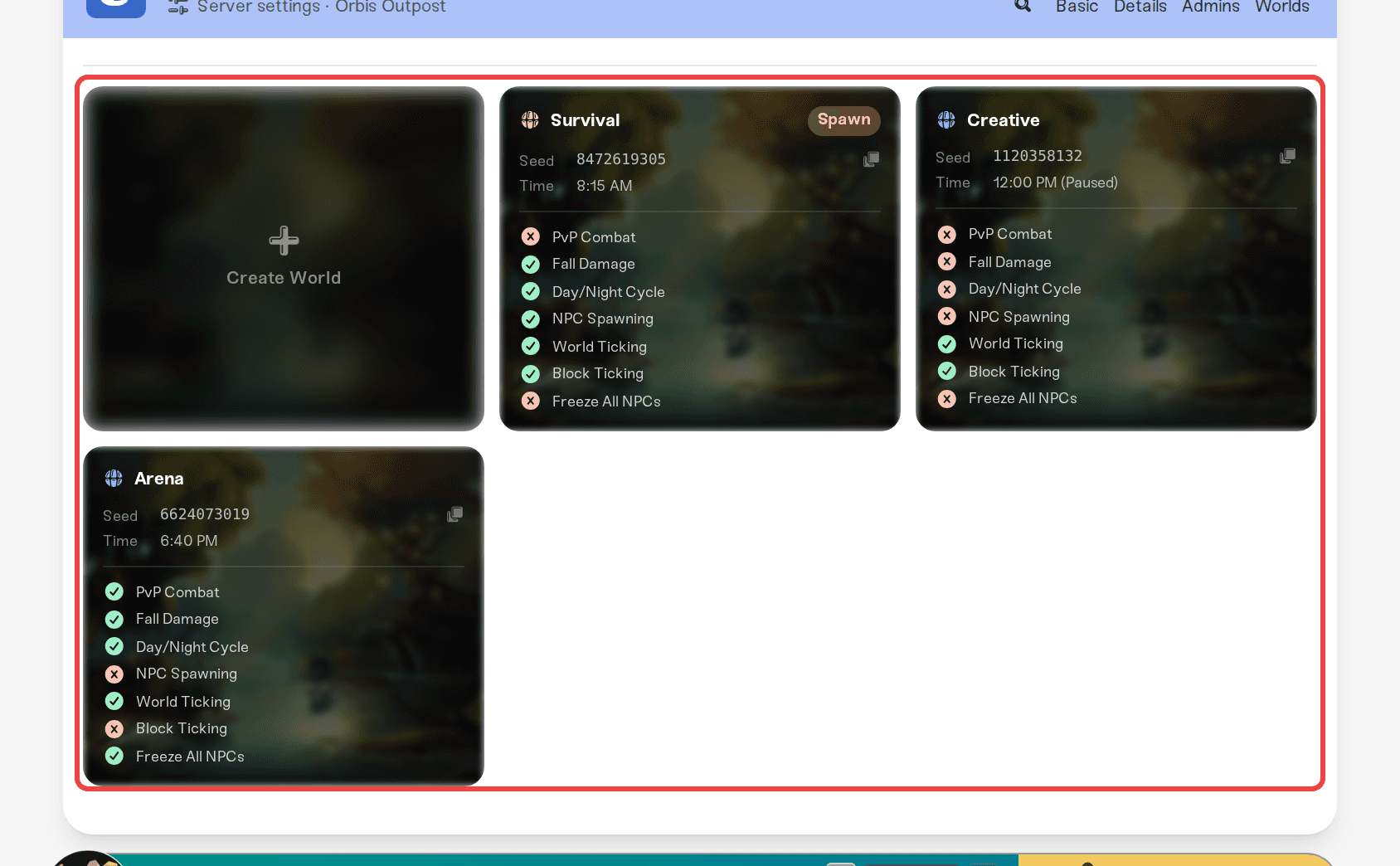The Worlds tab showing world cards and the Create World button The Worlds tab showing world cards and the Create World button