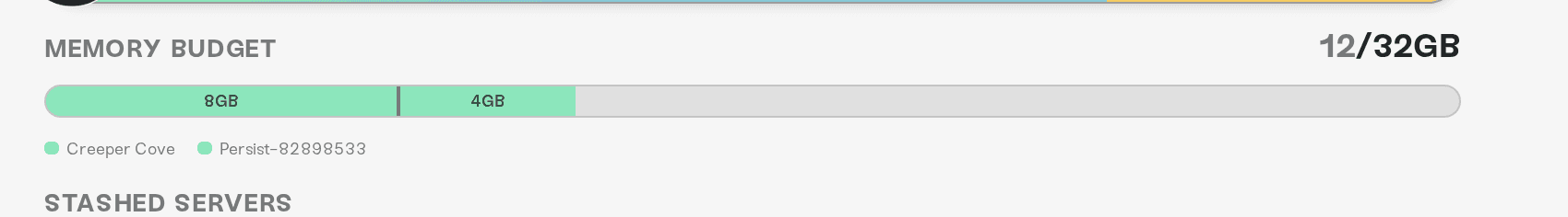 The Memory Budget bar in the Manage view, with one colored segment per server and the total next to it The Memory Budget bar in the Manage view, with one colored segment per server and the total next to it