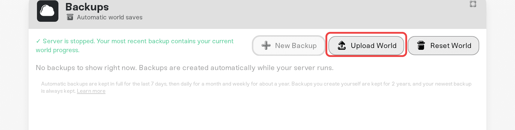 The Upload World button in the Backups card The Upload World button in the Backups card