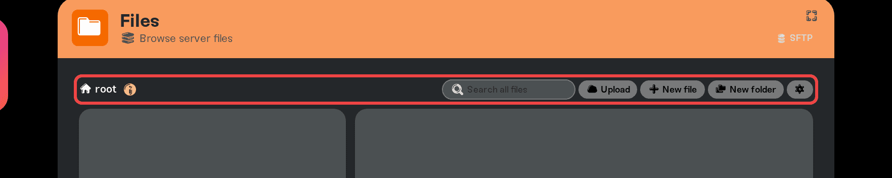 The Files toolbar with search, Upload, New file, and New folder The Files toolbar with search, Upload, New file, and New folder