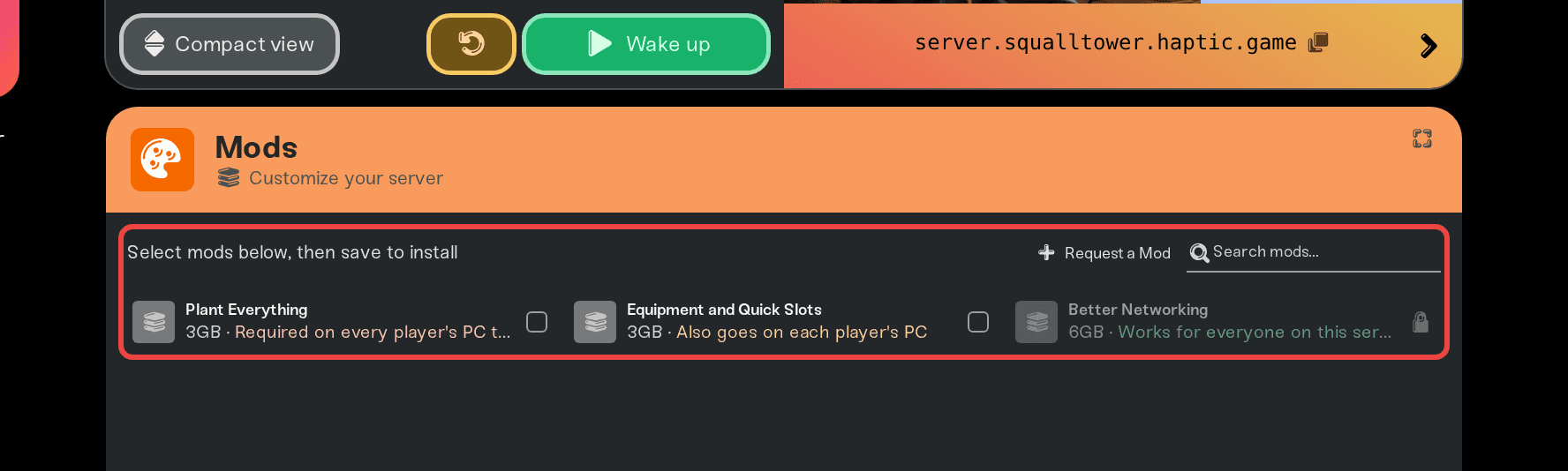 The expanded Mods card with the catalog, search box, and Request a Mod button The expanded Mods card with the catalog, search box, and Request a Mod button