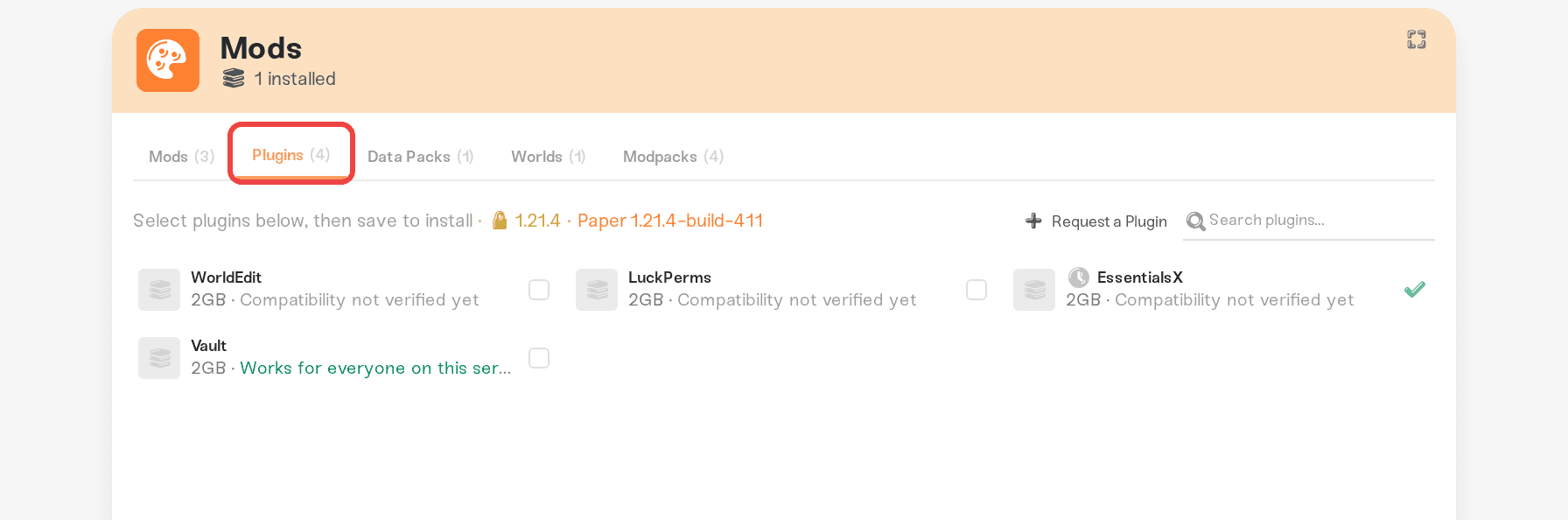 Mods card with the Plugins tab active Mods card with the Plugins tab active