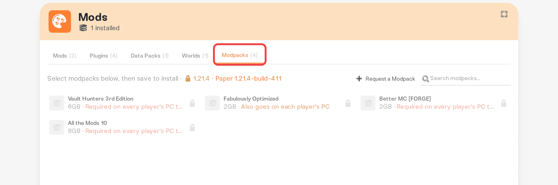 Mods card with the Modpacks tab active Mods card with the Modpacks tab active