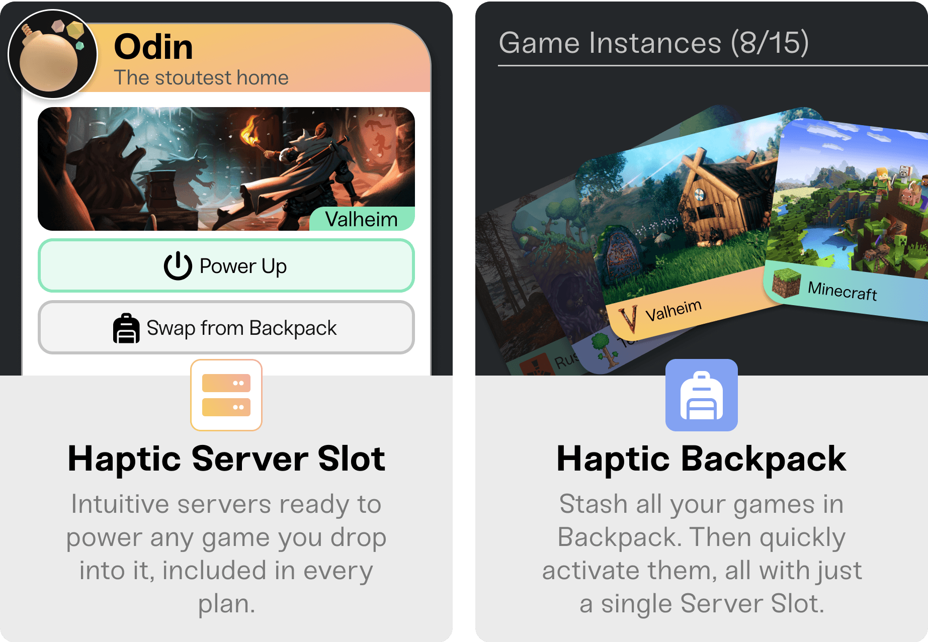 Haptic Server Slot and Haptic Backpack cards with Valheim, Minecraft, Ark: Survival Evolved, and Rust being shown off. Haptic Server Slot and Haptic Backpack cards with Valheim, Minecraft, Ark: Survival Evolved, and Rust being shown off.