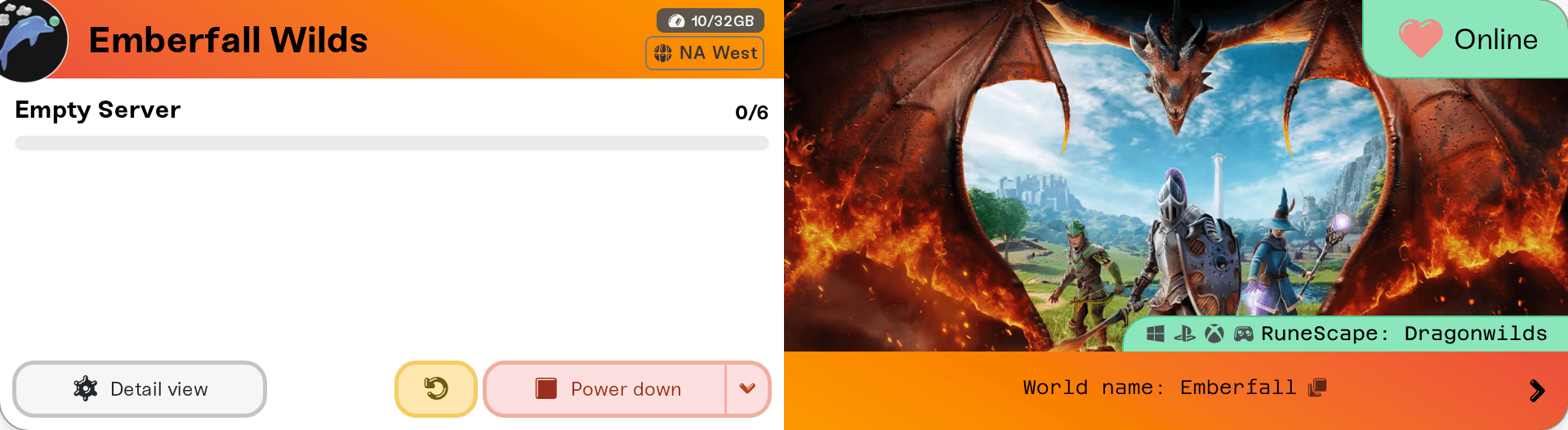 A Dragonwilds server's card on My Servers, with the World Name in the strip at the bottom A Dragonwilds server's card on My Servers, with the World Name in the strip at the bottom