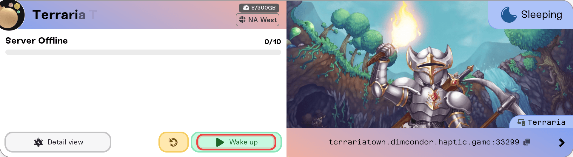 The Wake up button on a sleeping server's card The Wake up button on a sleeping server's card