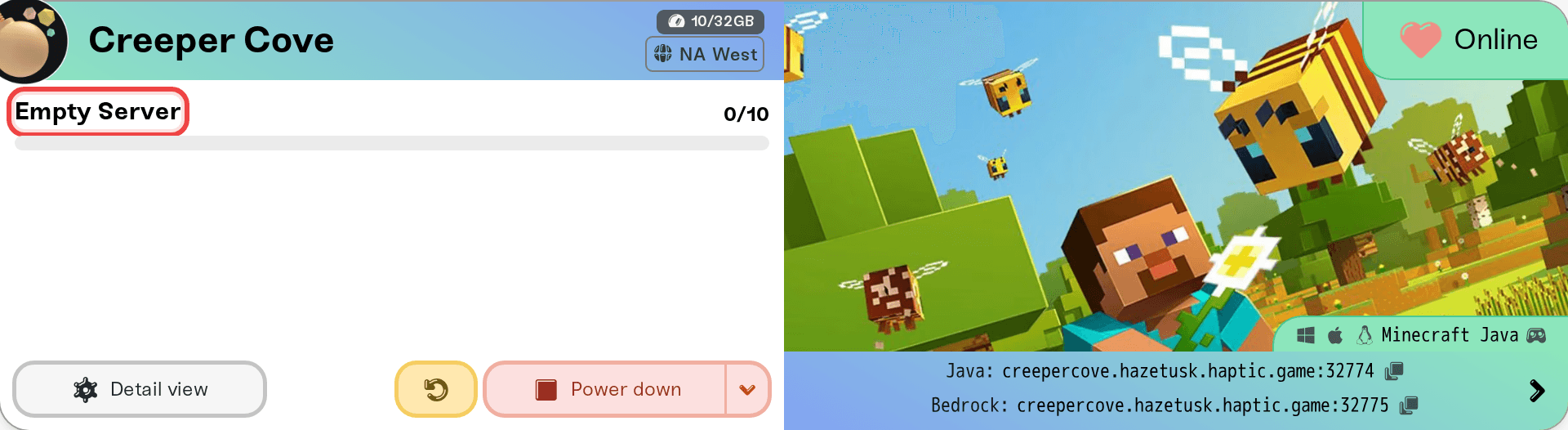 A server card with the player list heading showing Empty Server while nobody is connected A server card with the player list heading showing Empty Server while nobody is connected
