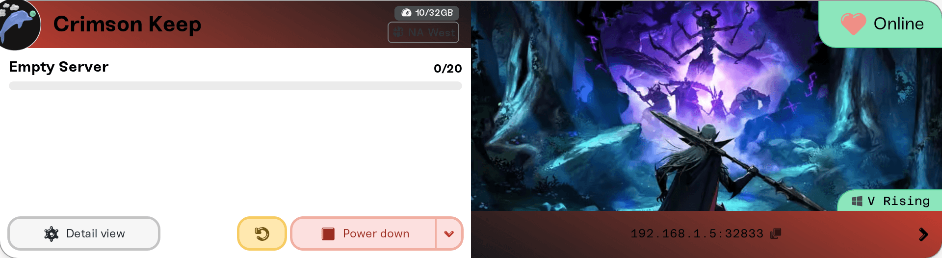 A V Rising server's card on My Servers, where you stop and start it A V Rising server's card on My Servers, where you stop and start it