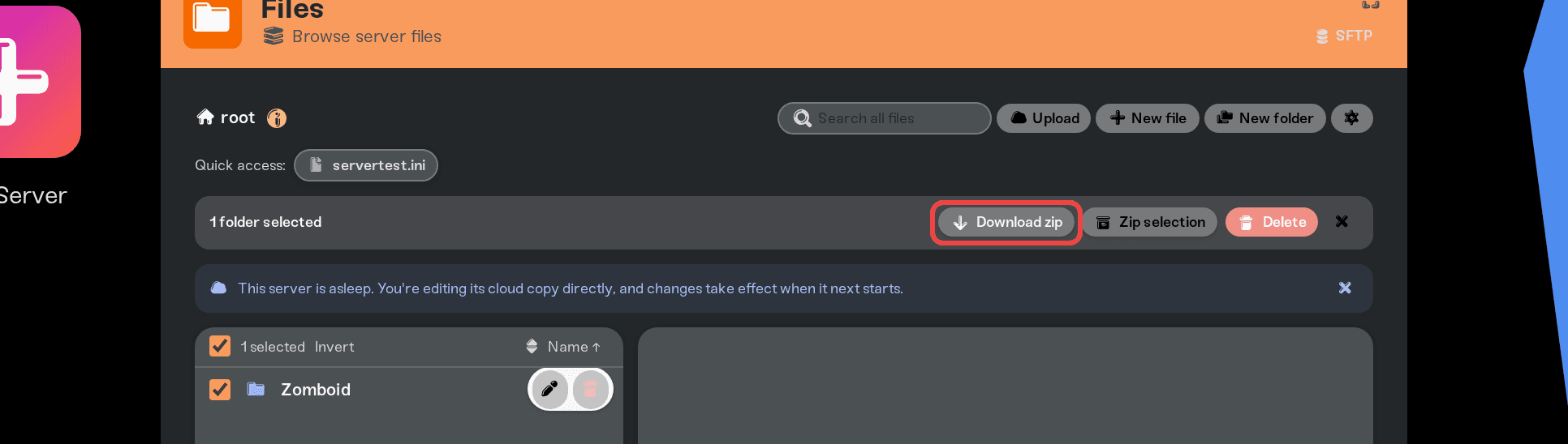 The Download zip button after selecting files in the Files card The Download zip button after selecting files in the Files card