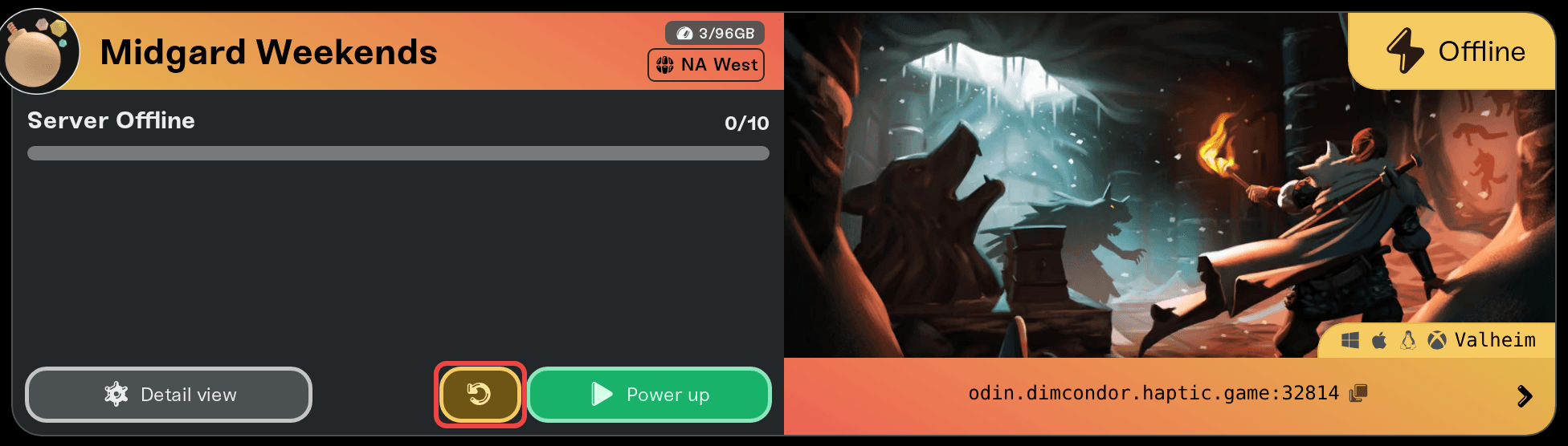 Restart button on the server card