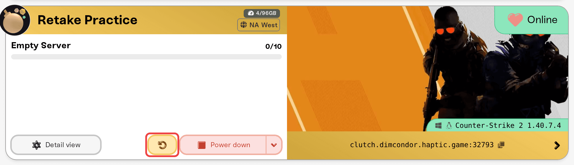 The Restart control on the server card The Restart control on the server card