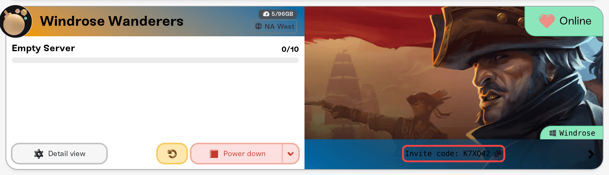 The invite code and copy button on the Windrose server card The invite code and copy button on the Windrose server card