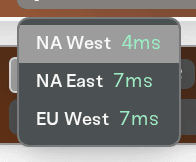 Region dropdown open in Manage Servers, showing your ping to every region Region dropdown open in Manage Servers, showing your ping to every region