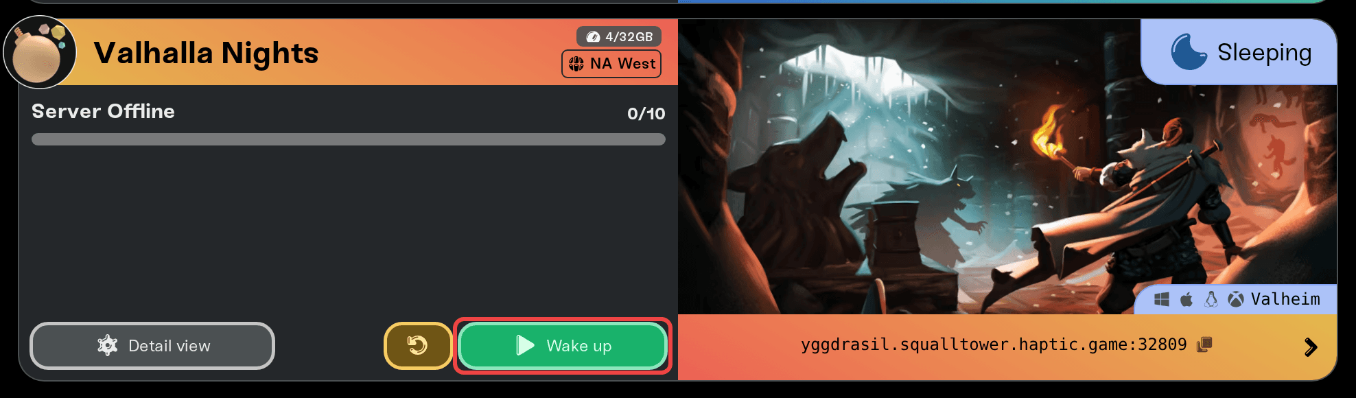 A sleeping server card with the Wake up button highlighted A sleeping server card with the Wake up button highlighted