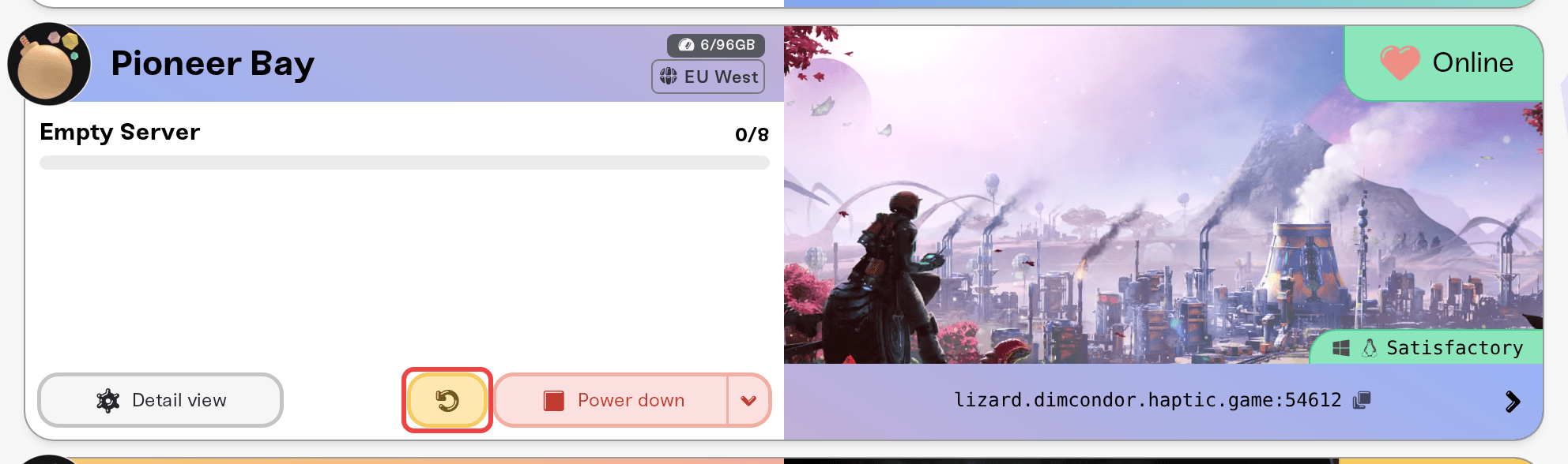 Restart on the server card Restart on the server card