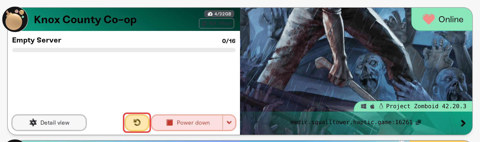 The yellow Restart button on the server card The yellow Restart button on the server card
