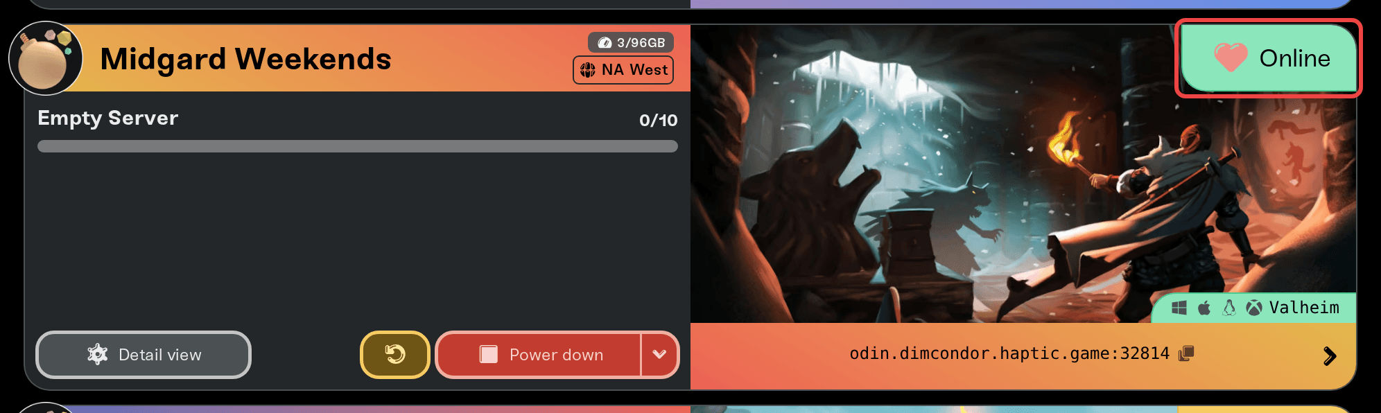 A server card with the status badge highlighted