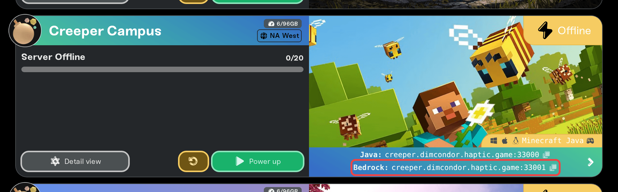 The server card showing separate Java and Bedrock address rows The server card showing separate Java and Bedrock address rows