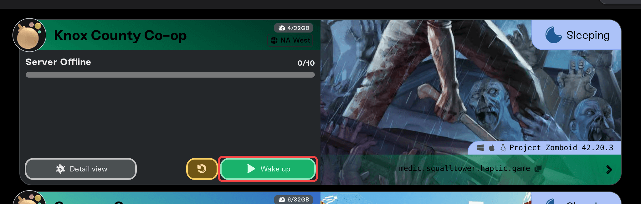 The Wake up button on a sleeping server's card The Wake up button on a sleeping server's card