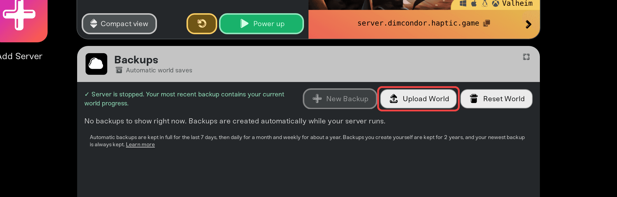 The Upload World button next to New Backup in the Backups card The Upload World button next to New Backup in the Backups card