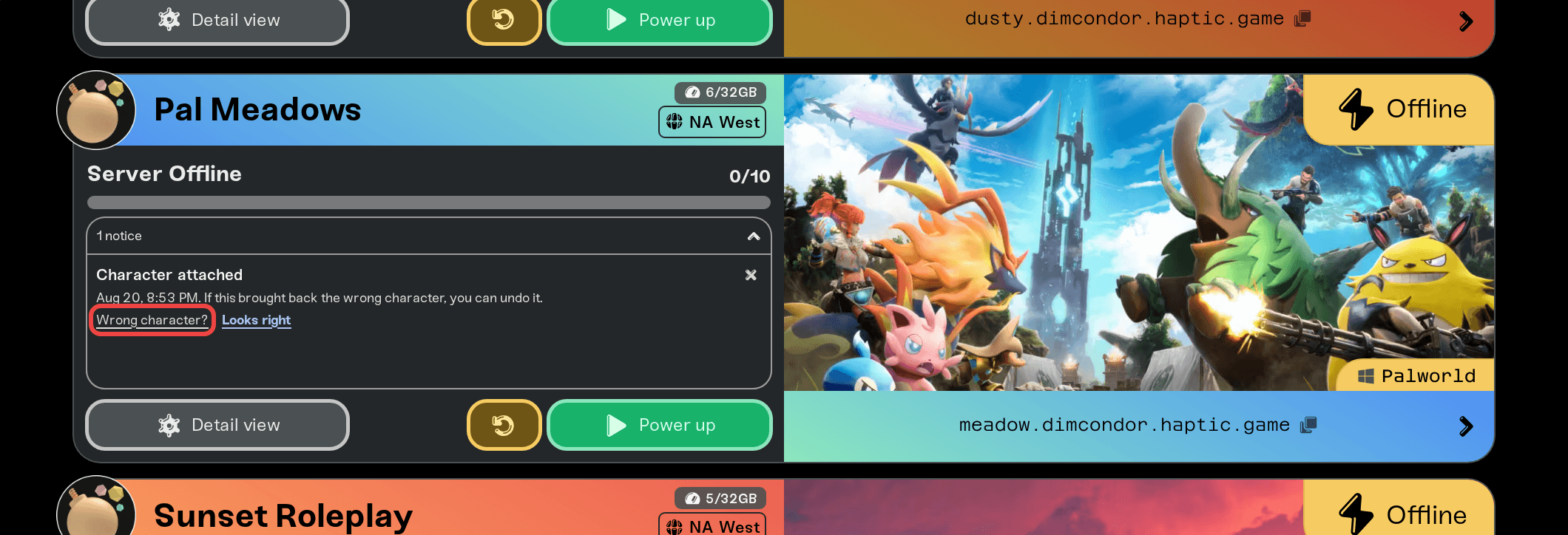 Server card Character attached notice with the Wrong character? undo option Server card Character attached notice with the Wrong character? undo option