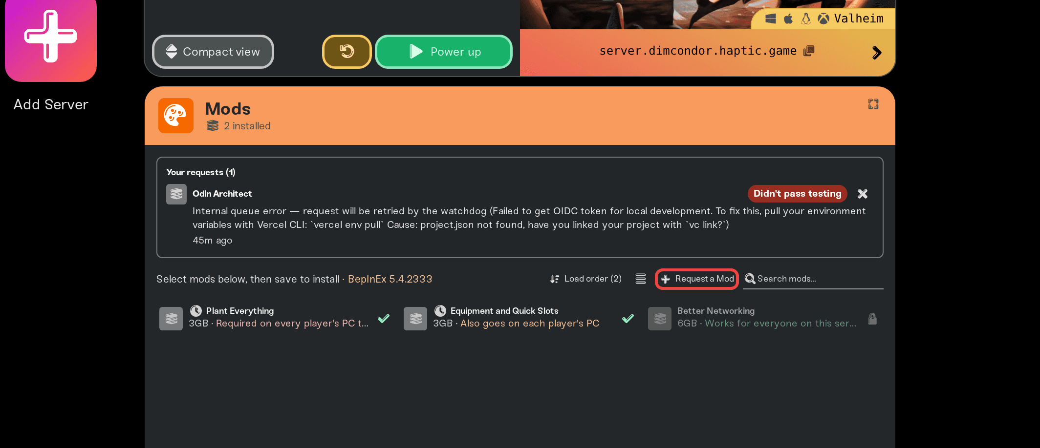 The Request a Mod button in the Mods card
