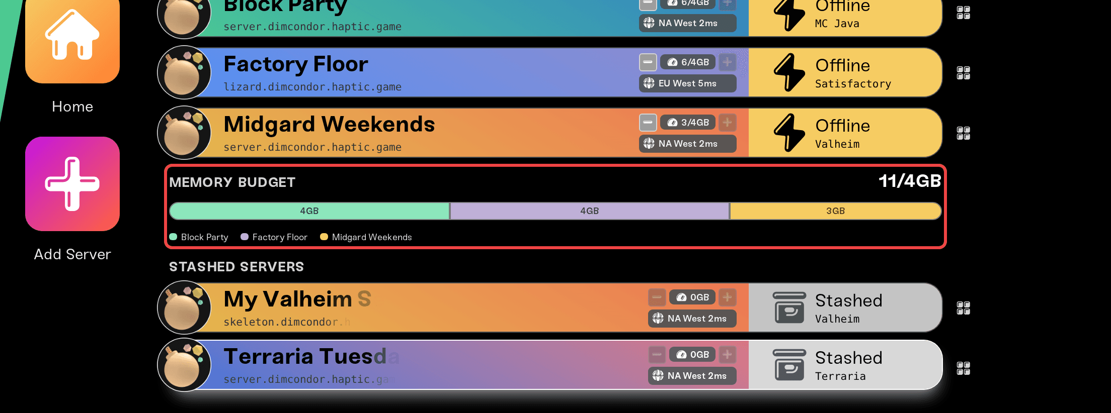 The Memory Budget bar in the Manage view, with one colored segment per server and the total next to it The Memory Budget bar in the Manage view, with one colored segment per server and the total next to it