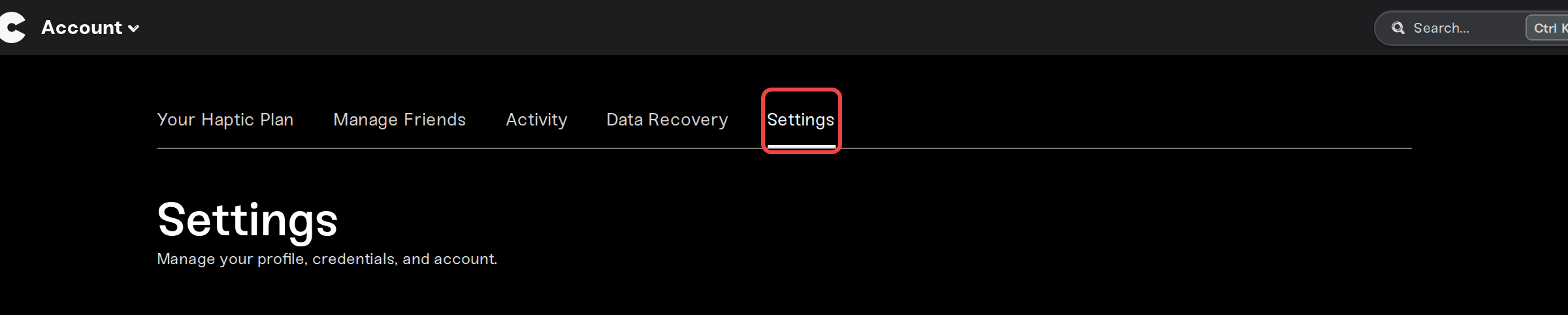 The Settings tab in the account navigation The Settings tab in the account navigation