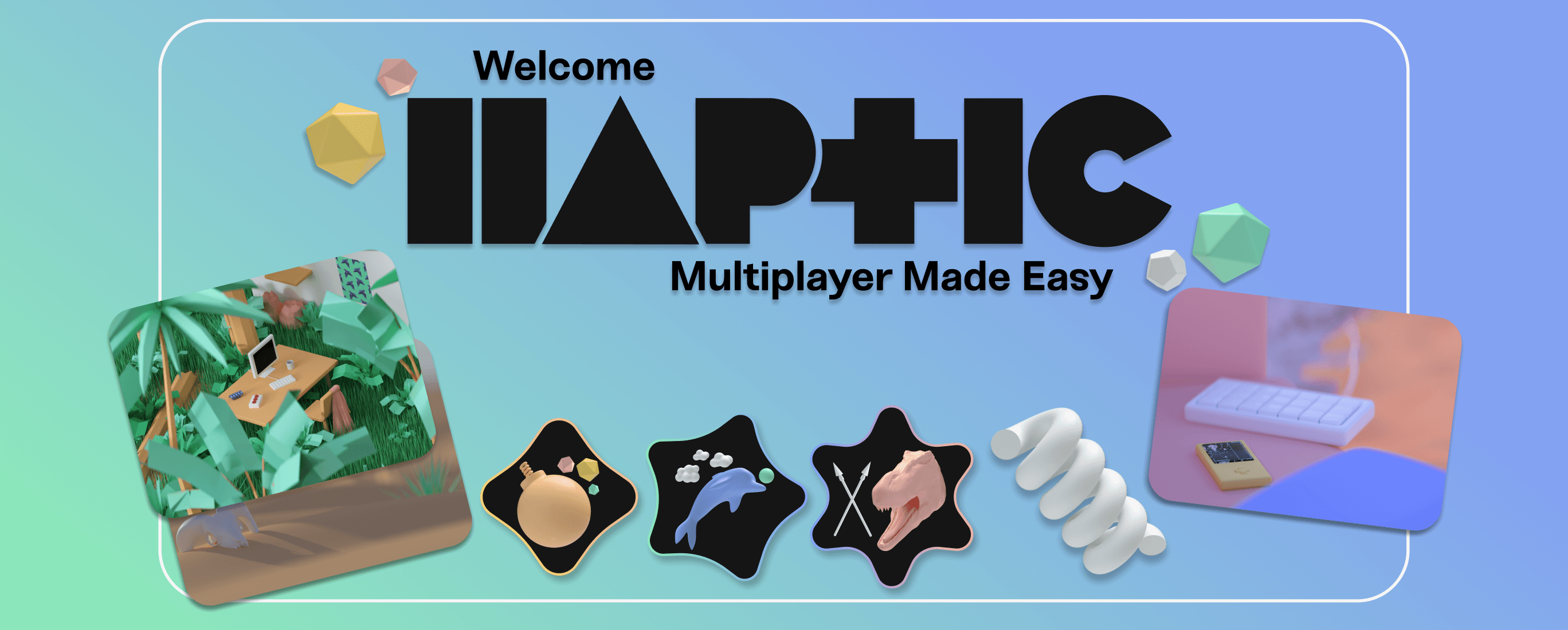 Multiple tiles of stylized Haptic art on either side of the three product icons for Duo Server, Squad Server, and Raid Server with a giant white coiled spring, dancing around to celebrate Haptic game servers coming online.