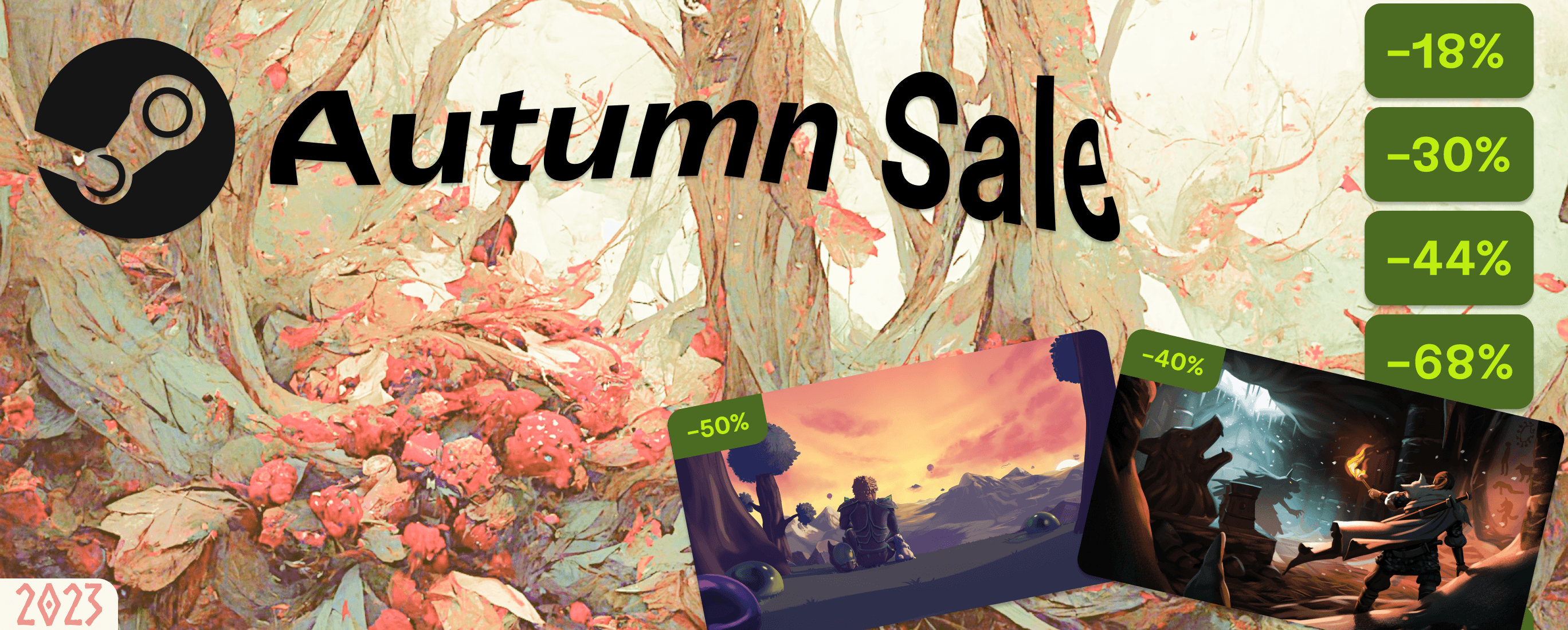 A warped color-muted forest with discounted game tiles placed on top demonstrating Steam's Autumn Sale.