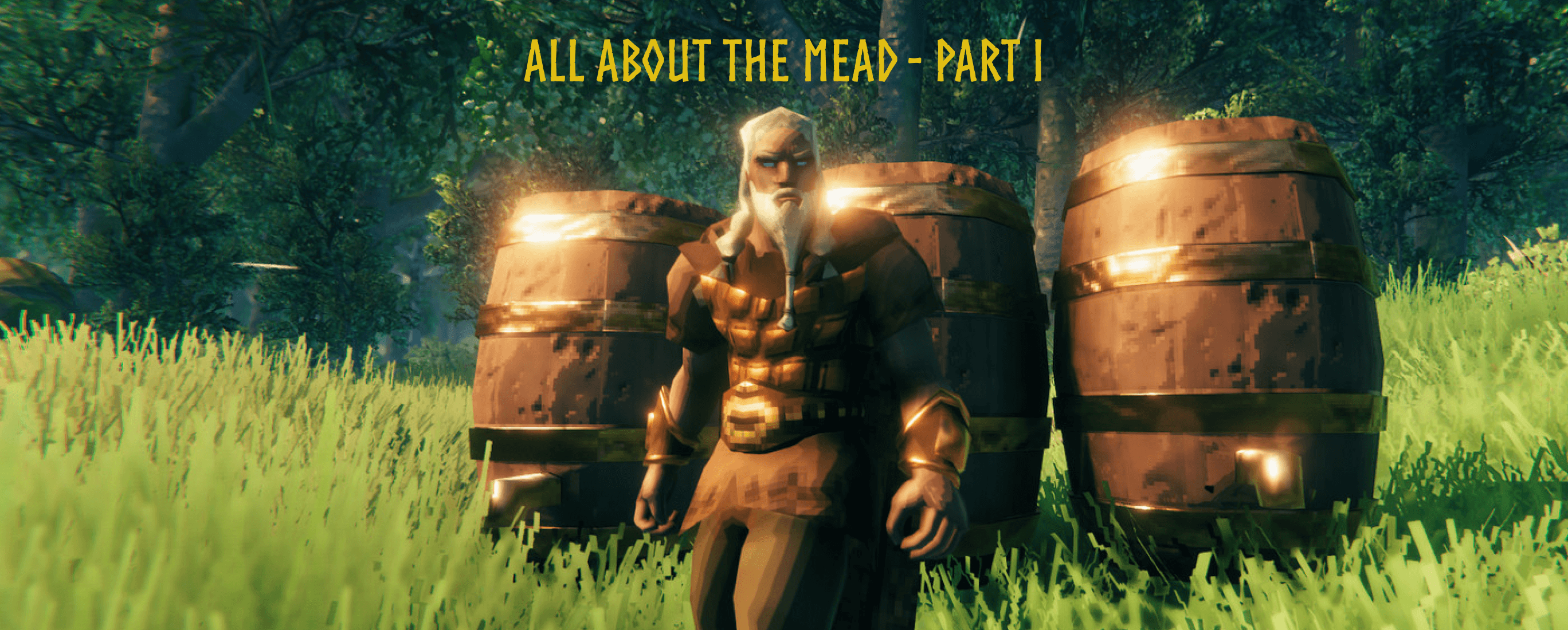 Valheim viking standing in front of 3 barrels of mead.