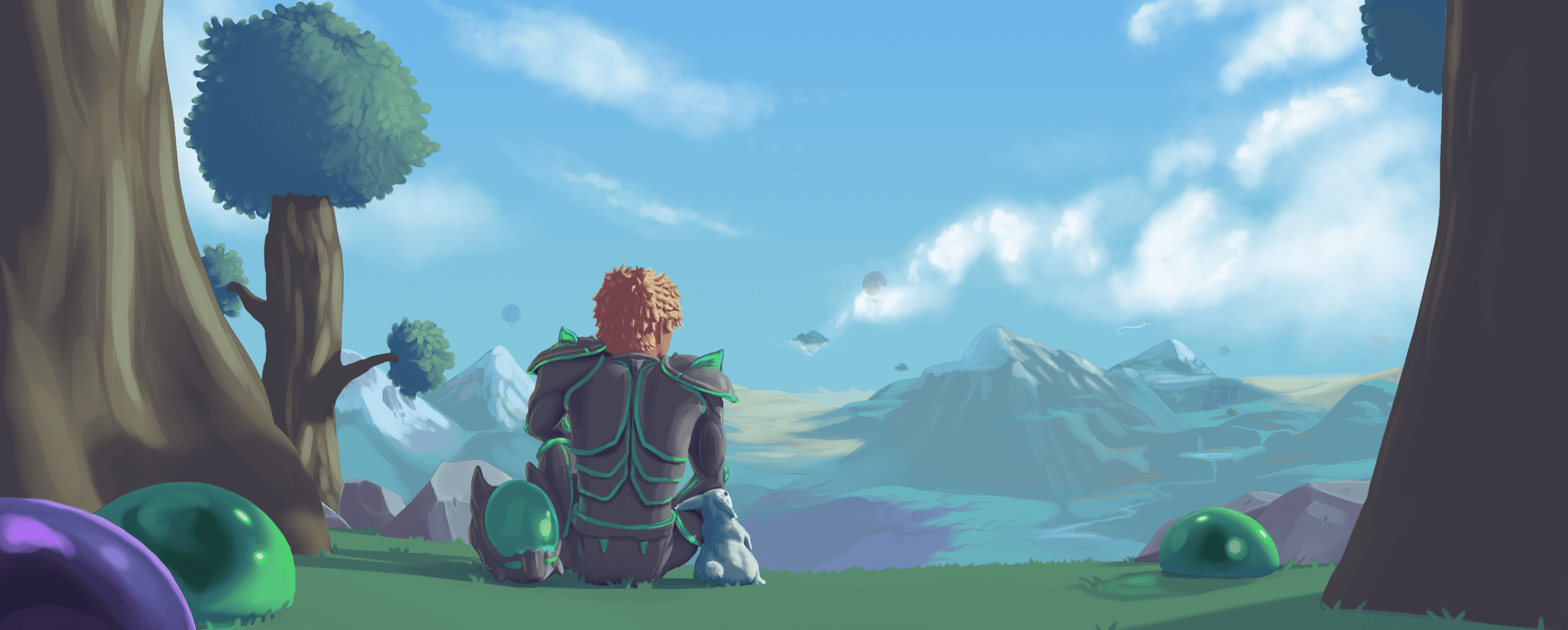 Terraria hero looking out into a mountainous landscape.