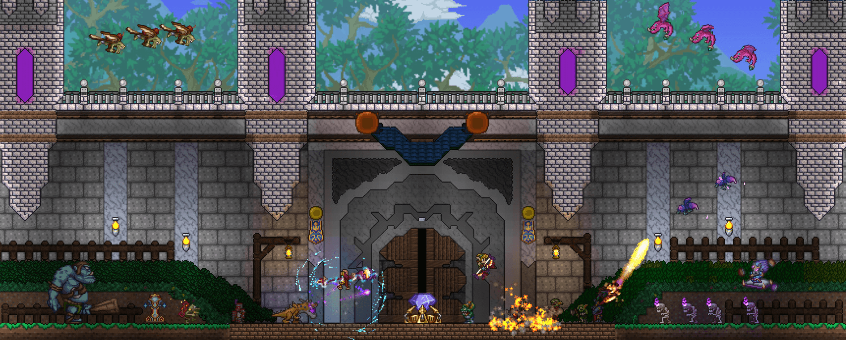 Terraria hero fighting by a castle