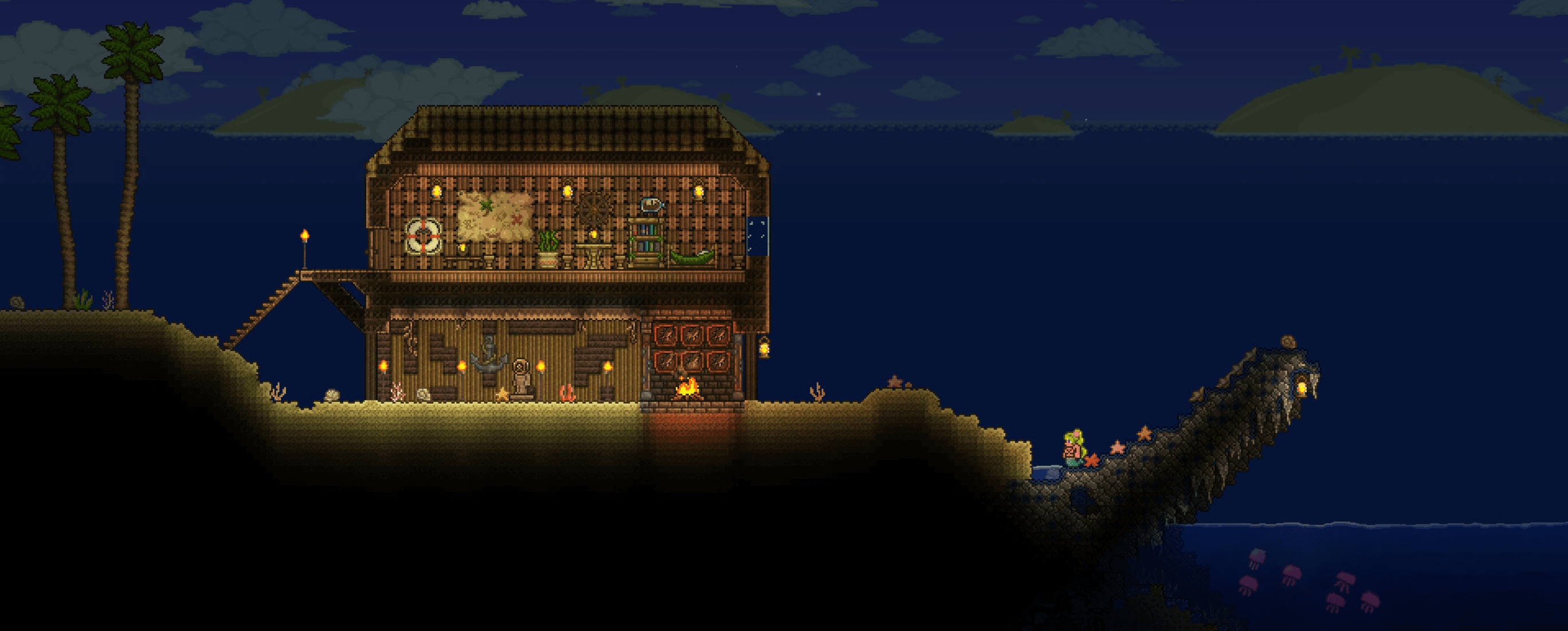 A small house built on the Terraria coast with palm trees on the left and jellyfish in the water.