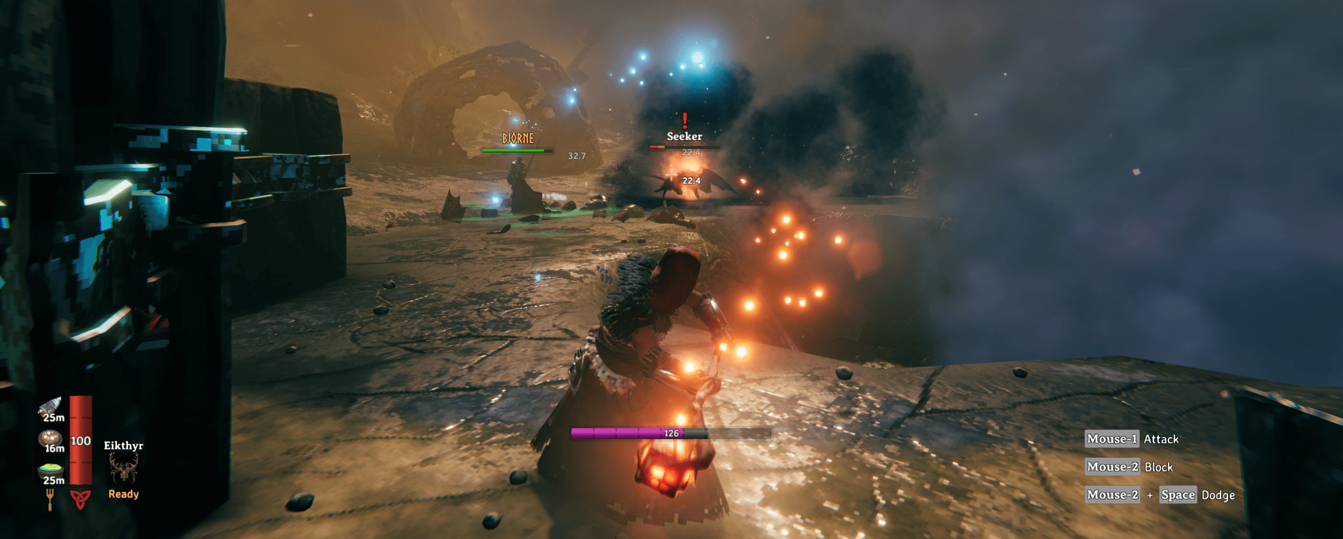 Valheim hero with their buddy Björne fighting a Seeker in the Mistlands.