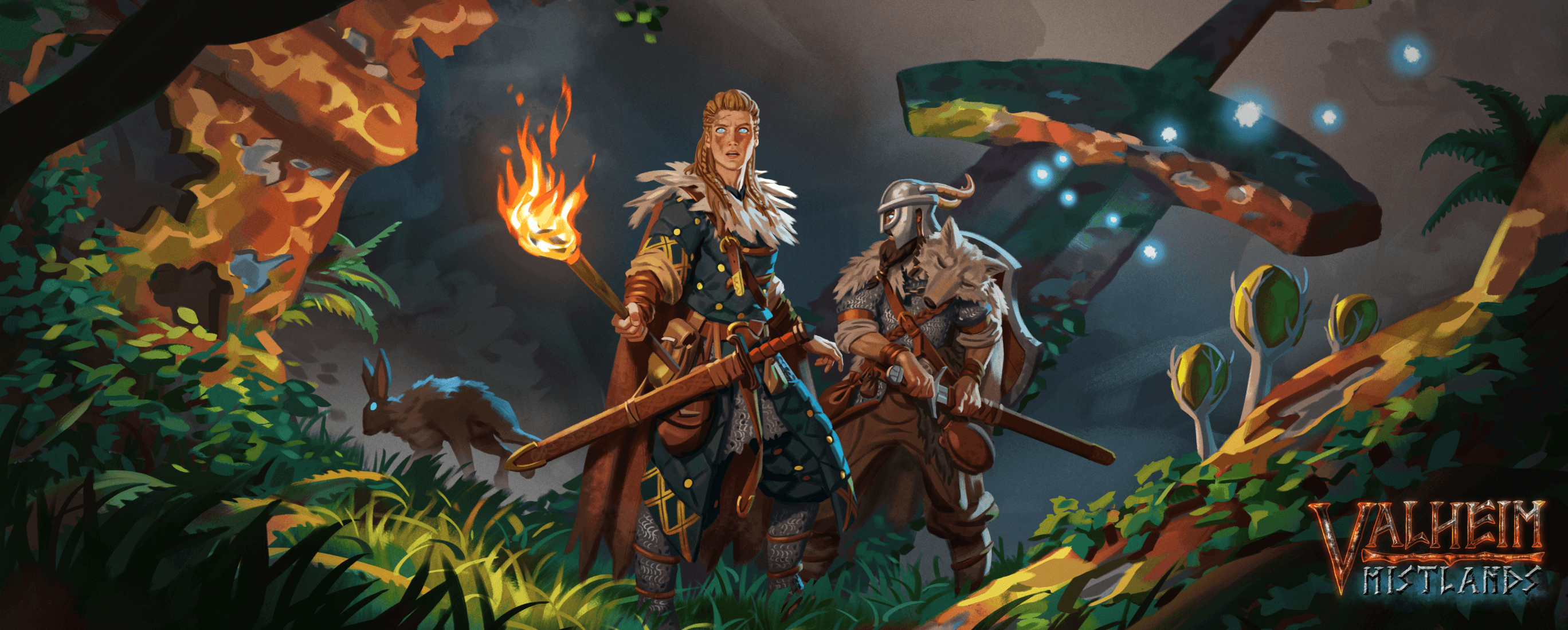 Two heroes adventuring through the mists in Valheim Mistlands.