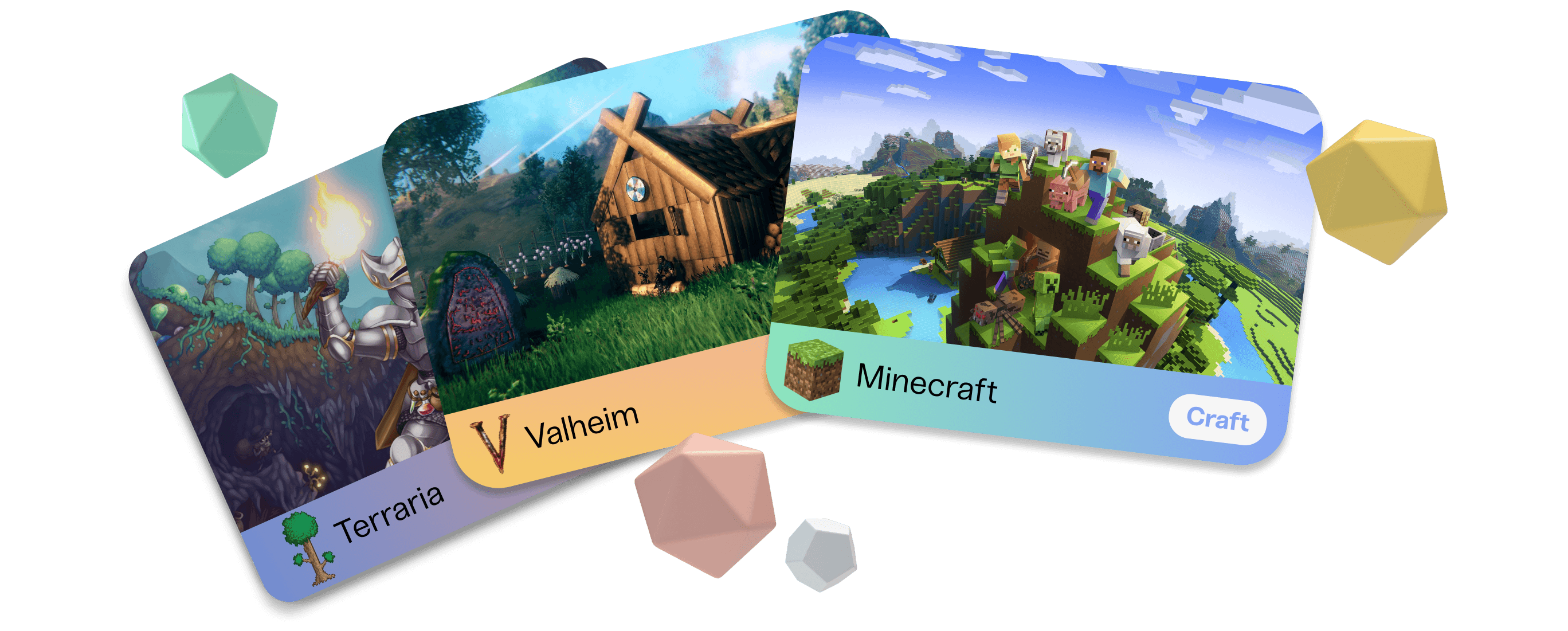 Terraria, Valheim, and Minecraft as little game cards stacked on each other.