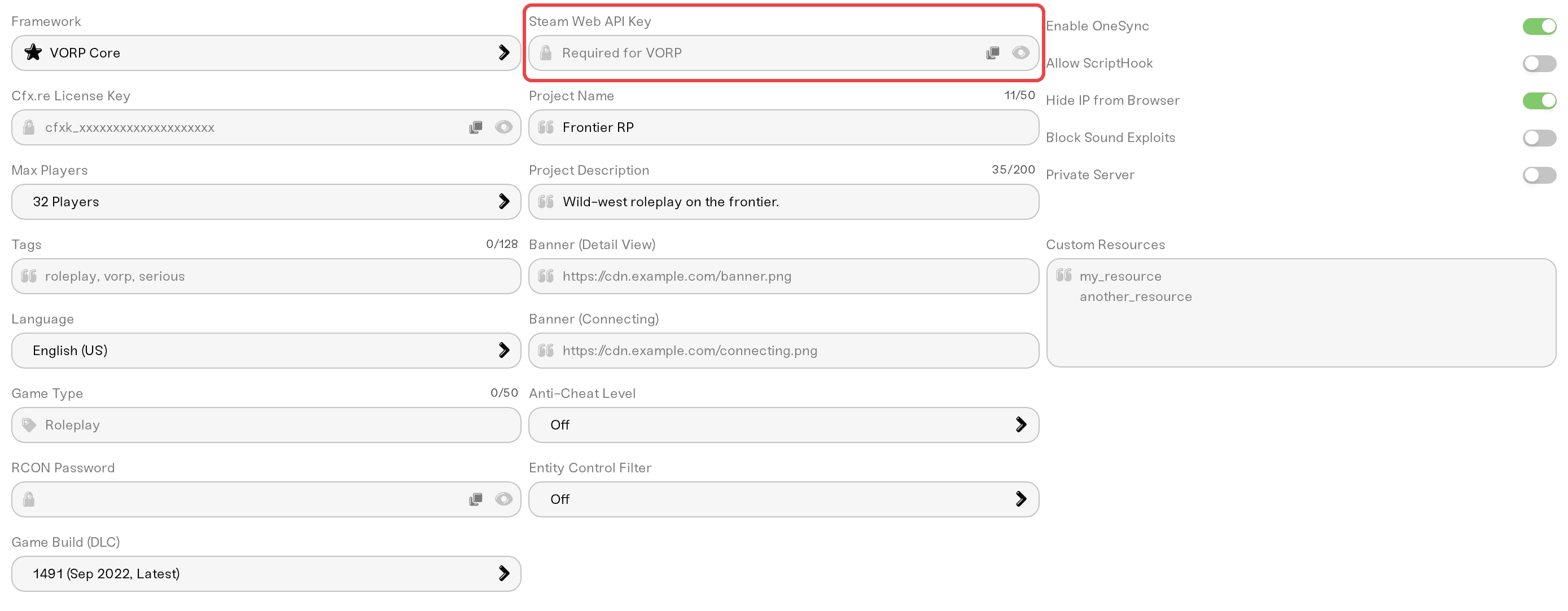 Steam Web API Key field in the Details tab, with the Required for VORP placeholder Steam Web API Key field in the Details tab, with the Required for VORP placeholder