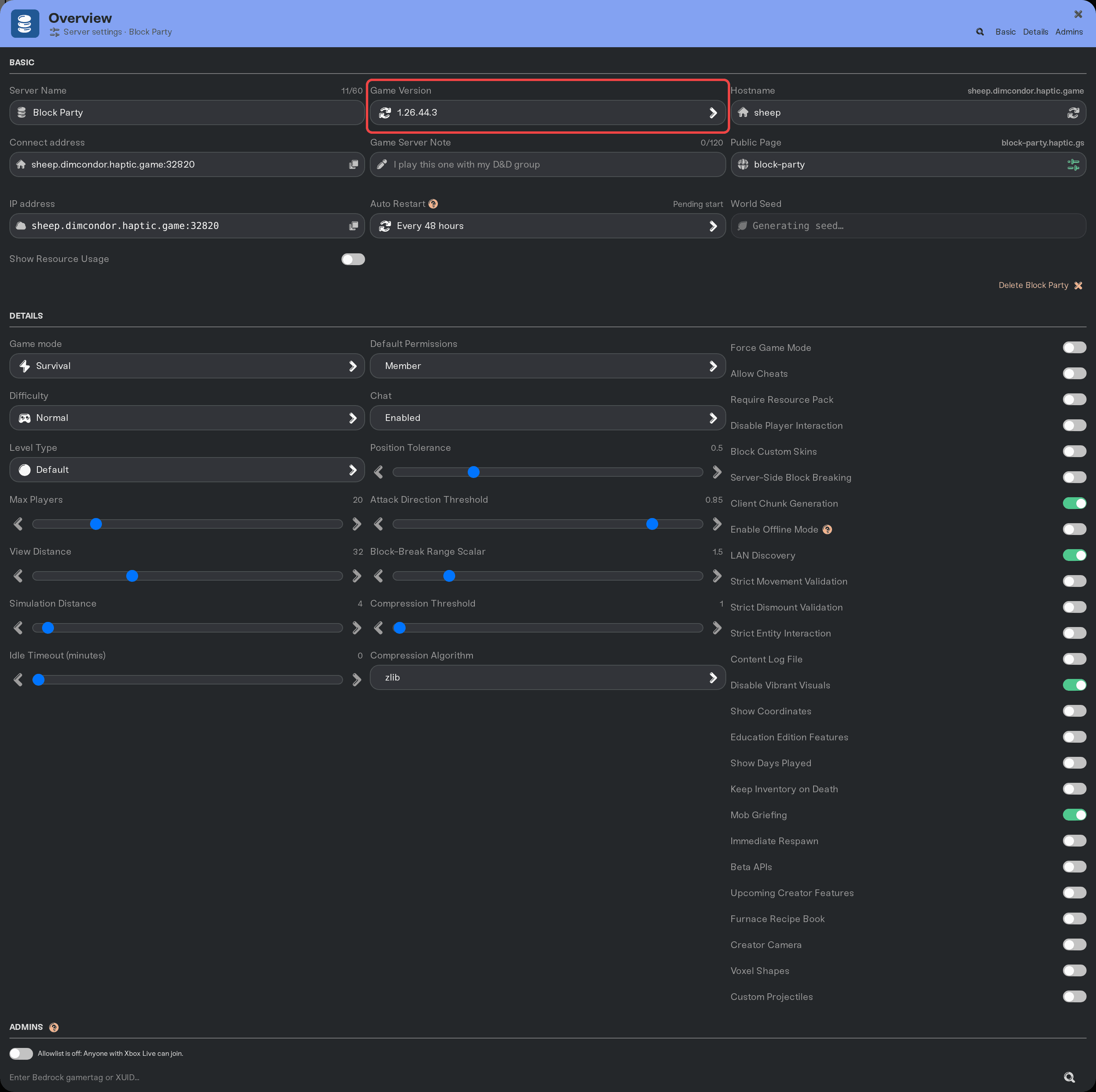 The Game Version setting in the expanded server settings