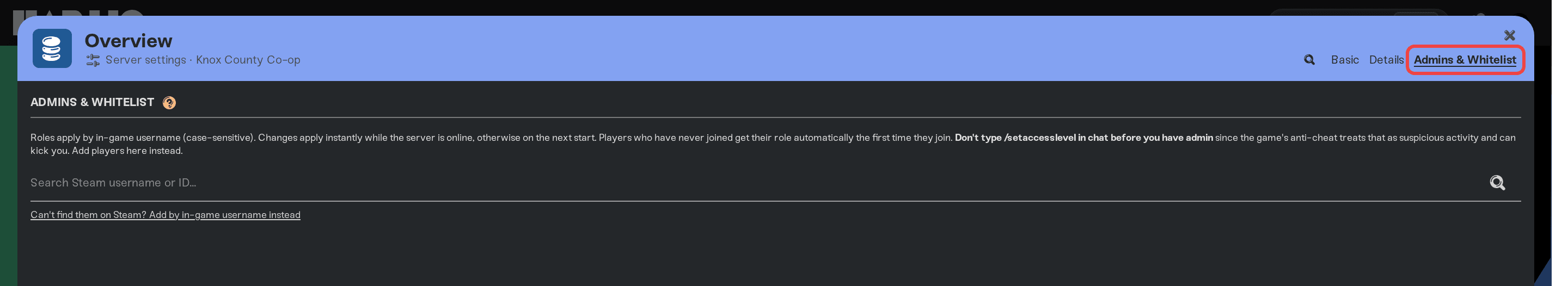 Server settings with the Admins & Whitelist tab highlighted, showing the player search bar underneath