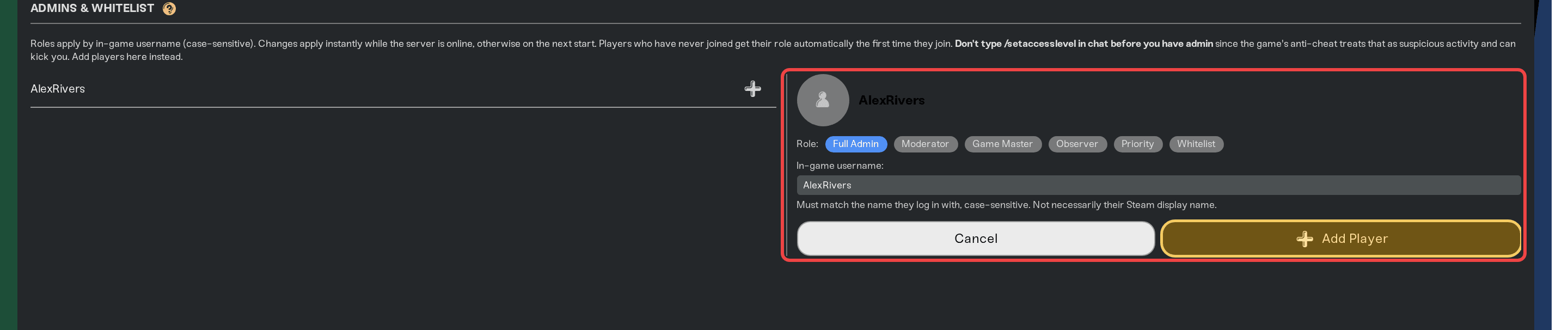 Adding a player in the Admins & Whitelist tab: the in-game username filled in, role choices like Full Admin and Moderator, and the Add Player button