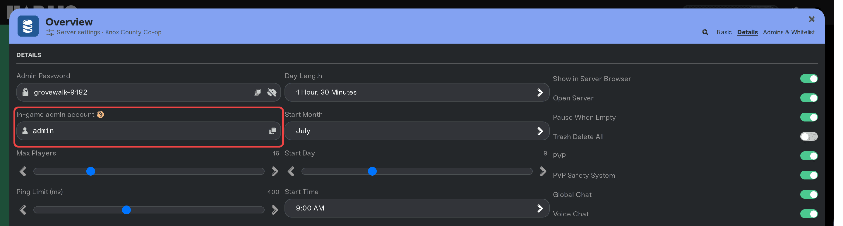 Details tab of the server settings with the In-game admin account row highlighted, showing the admin username next to the Admin Password field