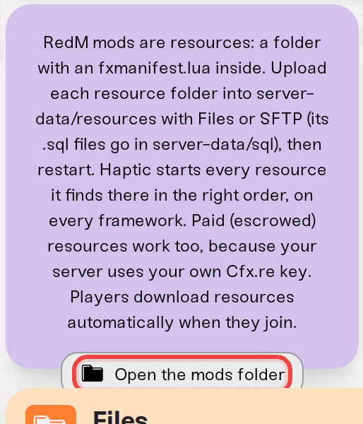 The RedM Mods card with the Open the mods folder button The RedM Mods card with the Open the mods folder button