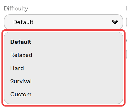 The Difficulty dropdown open, showing Default, Relaxed, Hard, Survival, and Custom The Difficulty dropdown open, showing Default, Relaxed, Hard, Survival, and Custom