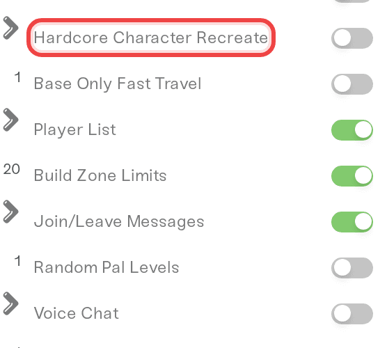 The Hardcore Character Recreate checkbox on the Details tab of a Palworld server The Hardcore Character Recreate checkbox on the Details tab of a Palworld server