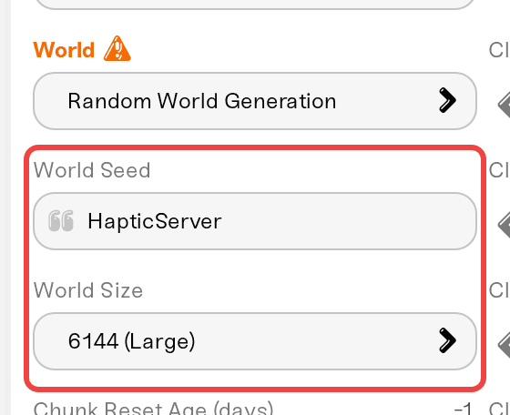 World Seed and World Size, shown after picking Random World Generation World Seed and World Size, shown after picking Random World Generation