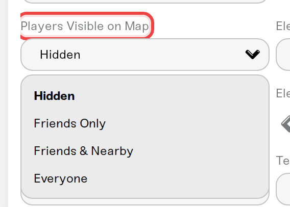 The Players Visible on Map dropdown open with its four options: Hidden, Friends Only, Friends & Nearby, and Everyone